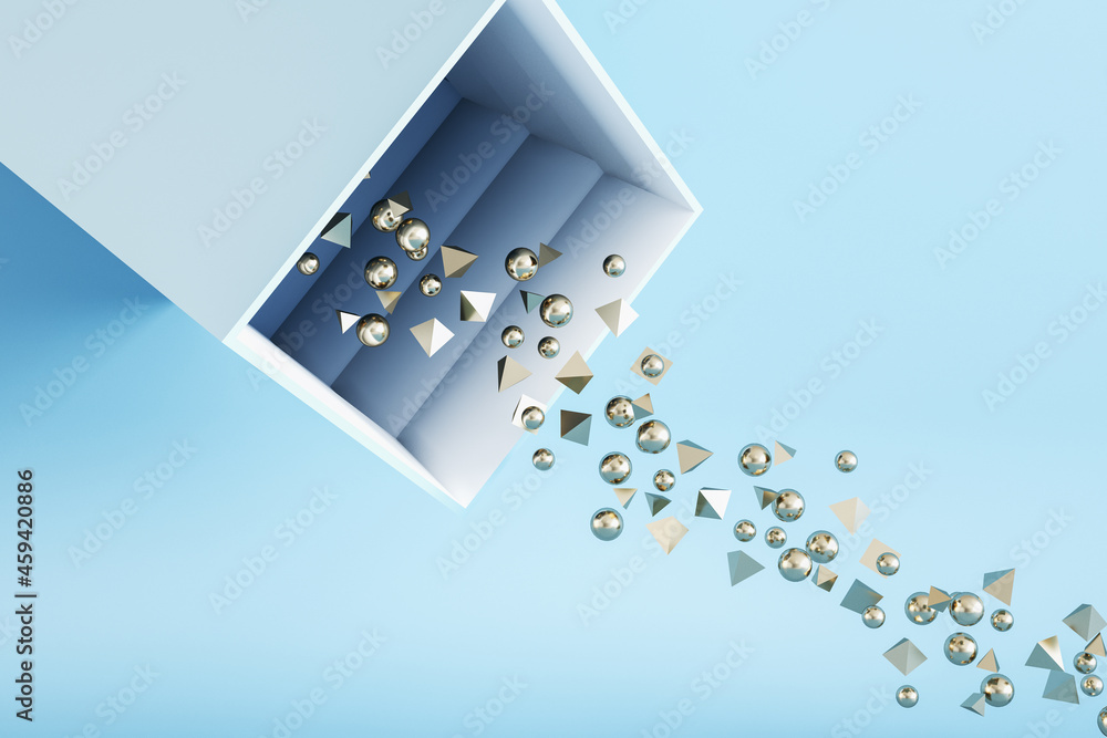 Poster Abstract round and triangular silver particles falling out of box on blue background. Celebration concept. 3D Rendering.