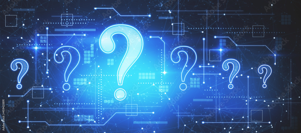 Poster creative glowing question marks interface on blue background. faq, confusion, ask and answer concept