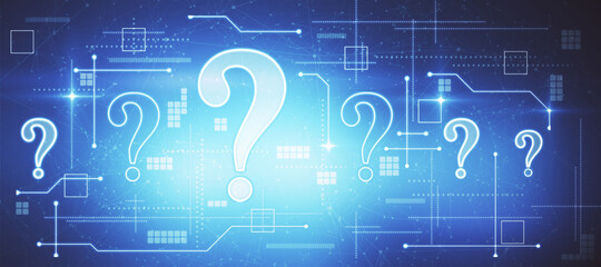 Abstract glowing question marks interface on blue background. FAQ, confusion, ask and answer concept. 3D Rendering.