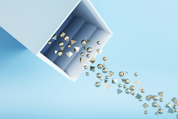 Abstract round and triangular silver particles falling out of box on blue background. Celebration concept. 3D Rendering.