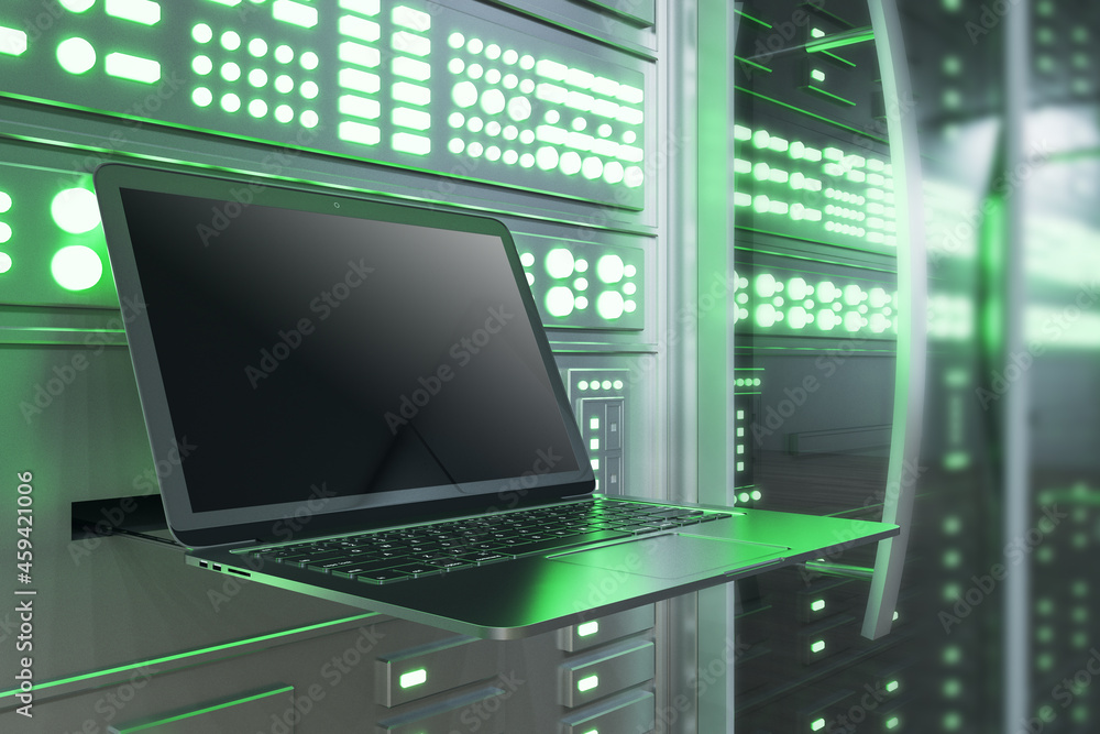 Poster Side view of empty mock up laptop computer in modern server room interior. Internet, engineering and data concept. 3D Rendering.