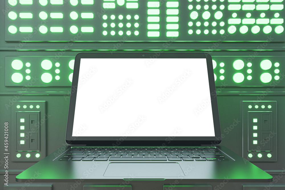 Poster Mock up of empty white mock up laptop computer in illuminated server room interior. Internet, engineering and data concept. 3D Rendering.