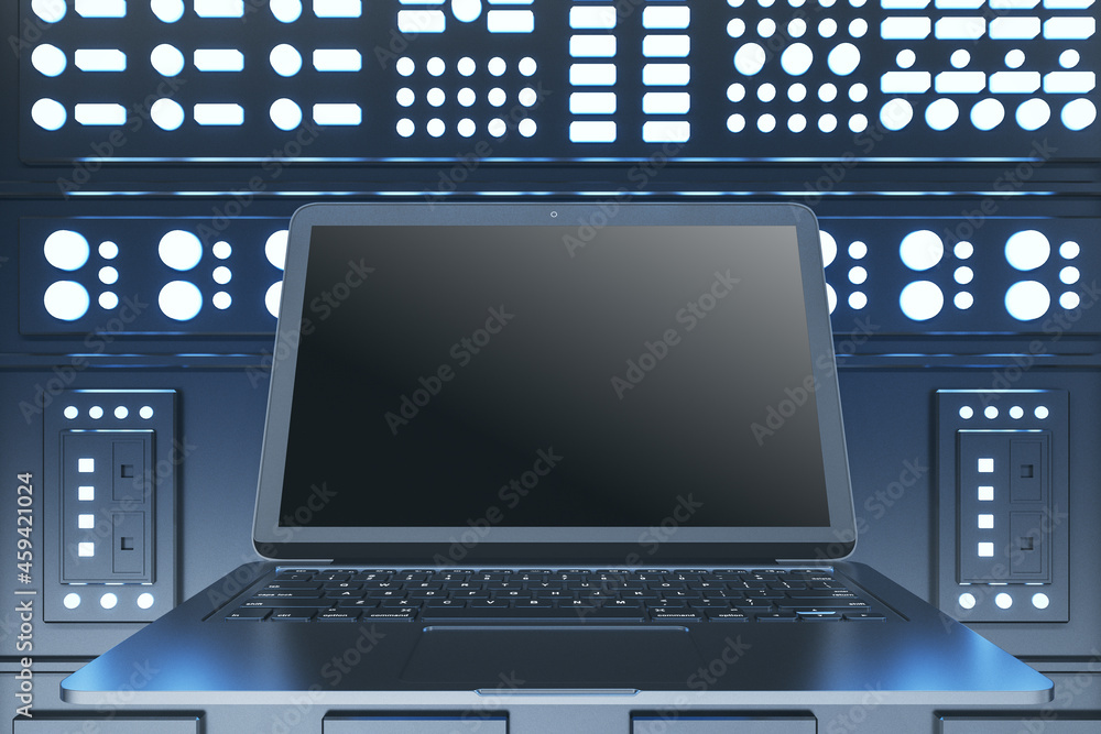 Aufkleber Close up of empty mock up laptop computer in illuminated server room interior. Internet, engineering and data concept. 3D Rendering.