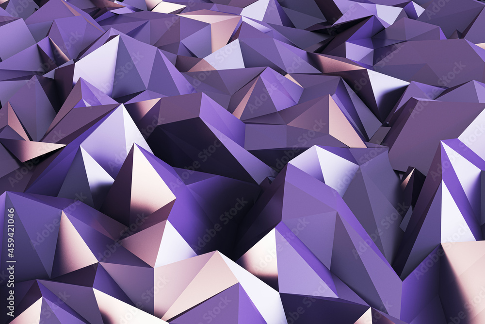 Poster abstract purple geometric crystal background. landing page and design concept. 3d rendering.