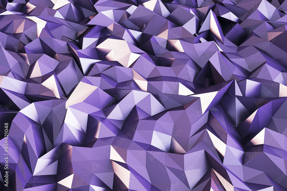 Poster abstract purple geometric crystal backdrop. landing page and design concept. 3d rendering.