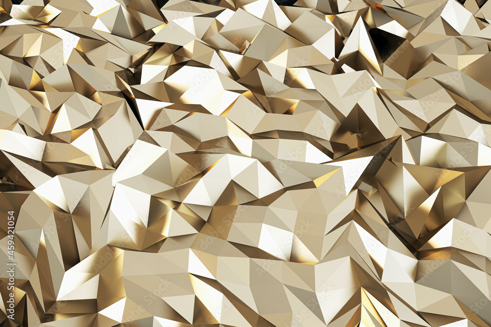 Poster abstract golden geometric crystal wallpaper. landing page and design concept. 3d rendering.