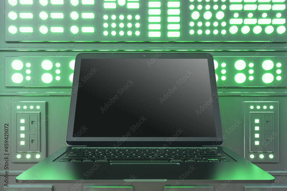 Aufkleber Close up of empty mock up laptop computer in modern server room interior. Internet, engineering and data concept. 3D Rendering.