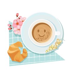 Good morning breakfast with coffee cup and croissant design background. Vector