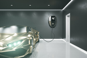 Shiny electric car charging in concrete garage. Electricity and eco concept. 3D Rendering.