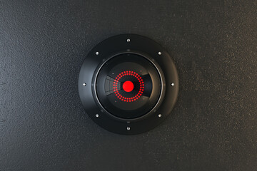Close up of modern round black cctv camera on concrete wall background. Safety system and security concept. 3D Rendering.