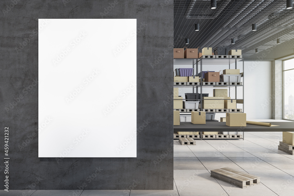 Poster modern warehouse interior with empty mock up frame on wall, racks, boxes, city view and daylight. lo