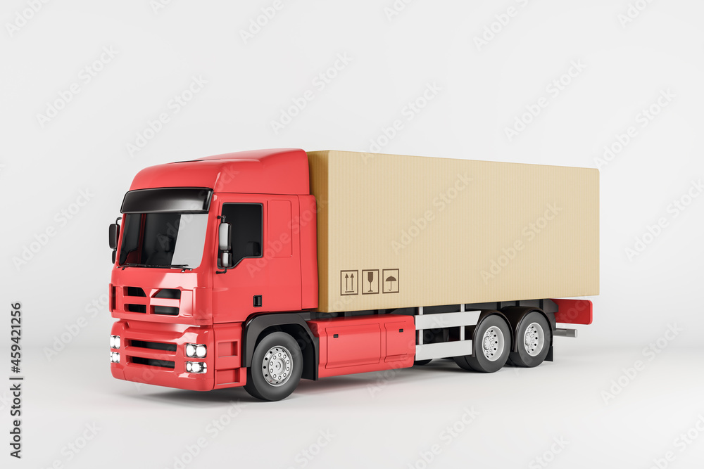 Poster abstract truck with cardboard box and mock up place on white background. 3d rendering.