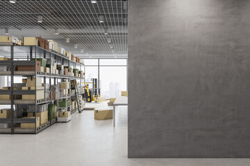 Contemporary warehouse interior with empty mock up place on wall, racks, boxes, city view and...