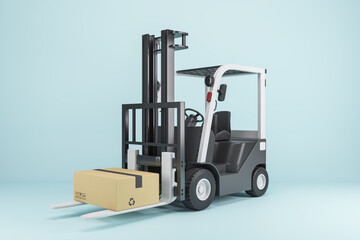 Creative 3D Rendering of modern forklift vehicle on blue background. Warehouse and transportation concept.