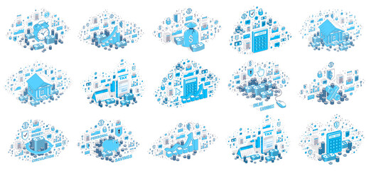 Business and finance concepts 3D vector illustrations set isolated on white background, money theme conceptual design collection, savings, bank, contract, income, safety, online.