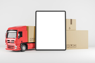 Abstract truck with cardboard box and empty white tablet on white background. Logistics, storage, retail, technology and advertisement concept. Mock up, 3D Rendering.