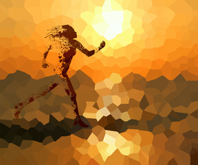 Running girl at sunset. Abstraction silhouette from blots. Vector illustration