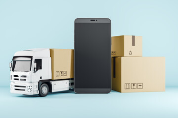 Abstract truck with cardboard box and empty black smartphone on blue background. Logistics, storage, retail, technology and advertisement concept. Mock up, 3D Rendering.