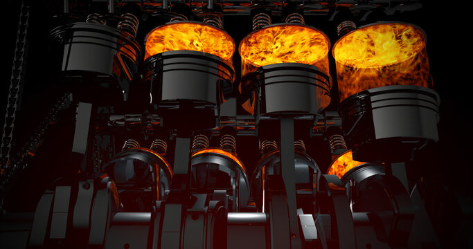 V8 Engine Pistons. Crankshaft In Motion. Machines And Industry 3D Illustration Render.