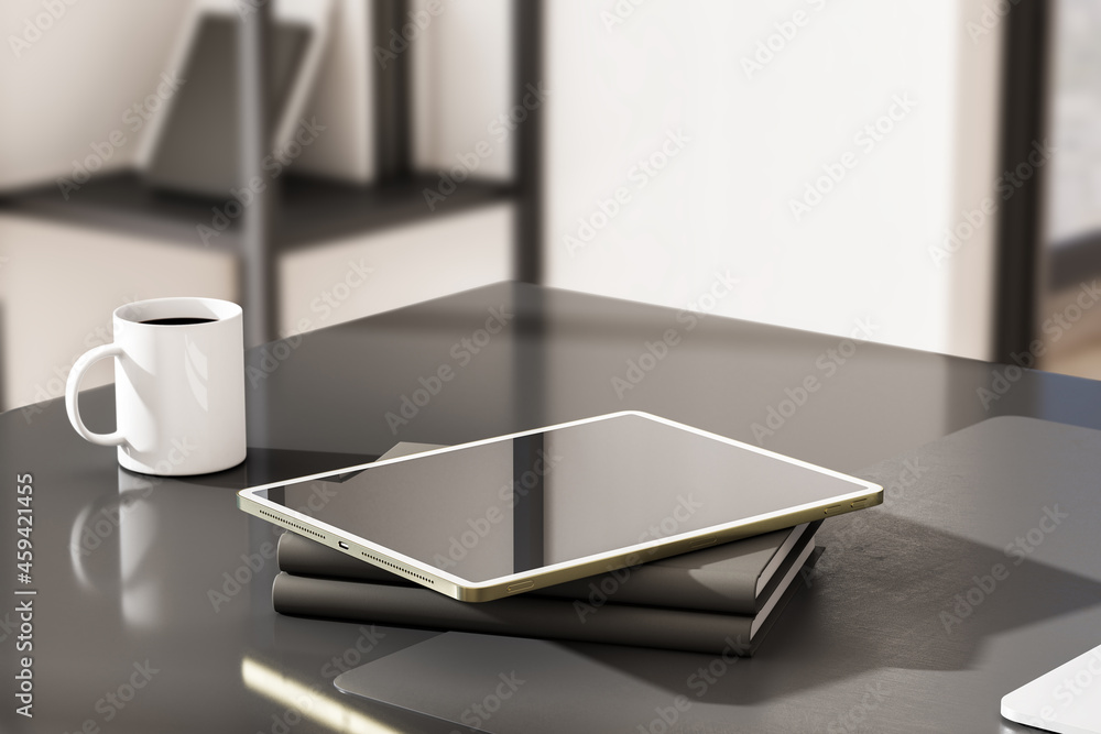 Poster close up of empty tablet with reflections, coffee cup and other items on outdoor workplace table wit