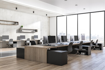 New wooden and concrete coworking office interior with equipment, furniture, different objects, city view and sunlight. 3D Rendering.