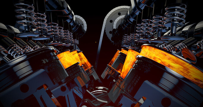 Rotating V8 Engine Pistons On A Crankshaft. Machines And Industry 3D Illustration Render.