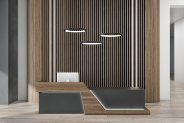 Minimalistic wooden and concrete office interior lobby with reception desk. Workplace design...