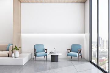 Modern wooden and concrete office interior lobby with cozy seats, empty mock up place and city...