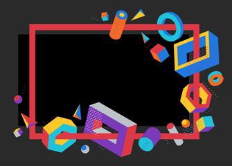 Colorful 3D shapes vector frame on dark background, bright positive dimensional design elements, boxes and cylinders and other shapes simple stylish border.