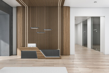 Luxury wooden and concrete office interior lobby with reception desk. Workplace design concept. 3D...