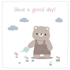 Cartoon background wallpaper with teddy bear watering flowers
