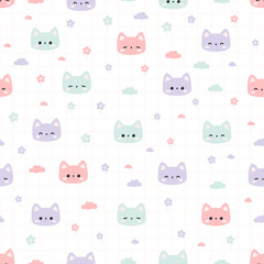 Seamless pattern background wallpaper with cute kitty cat cartoon doodle