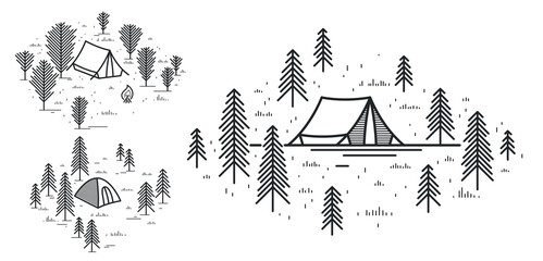 Fototapeta premium Camping tent in pine forest vector linear illustration isolated on white, holidays and vacations in woods line art, design wanderlust drawing.