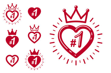 Heart shaped first place number one business success and triumph vector labels set isolated over white, graphic design elements, geometric vintage classic emblems collection