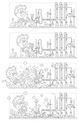 Obraz premium Comic strip of a funny schoolboy with a big scientific idea making an explosion during a dangerous experiment with reagents and equipment at a chemistry lesson in a school class