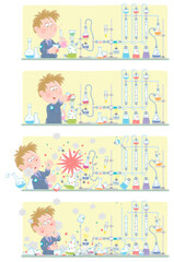 Comic strip of a funny schoolboy with a big scientific idea making an explosion during a dangerous experiment with reagents and equipment at a chemistry lesson in a school class