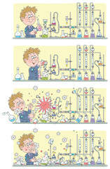 Comic strip of a funny school student with a big scientific idea, chemical reagents, flasks and equipment during a dangerous experiment in a class, vector cartoon illustrations
