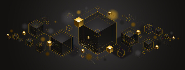 Abstract vector design with cluster of 3D cubes with golden elements vector design, luxury color style, jewelry classy elegant geometric design, shiny gold realistic abstraction.
