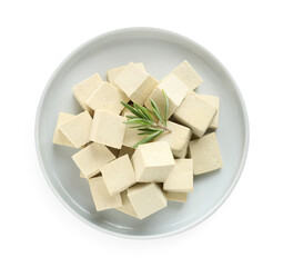 Plate with delicious tofu and rosemary isolated on white, top view