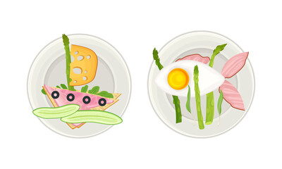 Creative meal dishes for kids served on plates set. Serving Ideas for healthy breakfast cartoon vector illustration