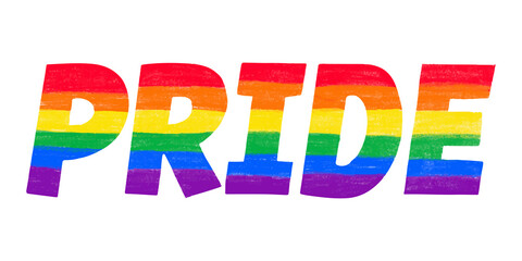 word Pride colored in rainbow LGBTQ gay pride flag colors. Vector lettering for LGBT History Month pencil crayon textured isolated. Love is love concept