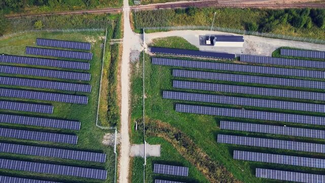 Top View Of Solar Panels Farm For Renewable Energy In Utby, Gothenburg, Sweden - aerial drone shot