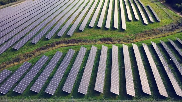 Flight Over Solar Panel Farm In Utby, Gothenburg, Sweden - aerial drone shot