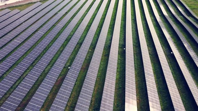 Aerial View Over Photovoltaic Solar Units Producing Renewable Energy In Utby, Gothenburg, Sweden - drone shot