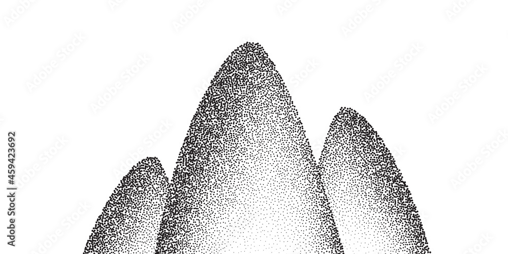 Poster dotwork mountain pattern vector background. black noise stipple dots hills. sand grain effect rock. 