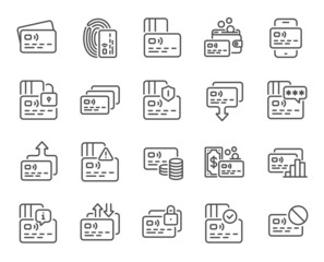 Credit card line icons. Non-cash Payment, Withdraw Funds and Wallet cash icons. Money Transfer, Approved credit card and Payment method. Password protection, Withdrawal funds from wallet. Vector