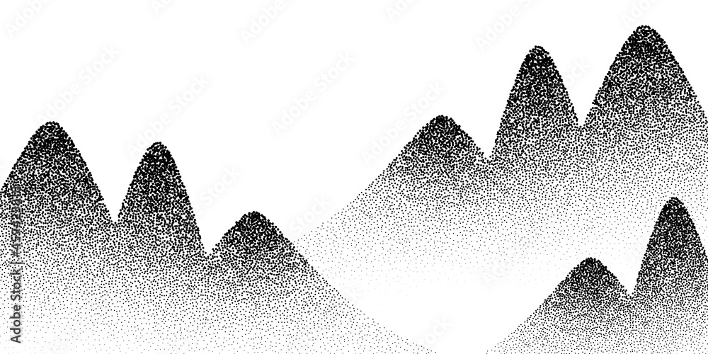 Poster dotwork mountain trees background. black noise stipple dots hills. sand grain effect forest trees. d