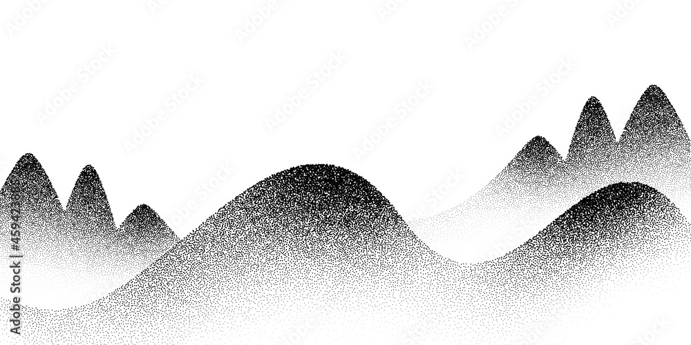 Poster dotwork mountain pattern vector background. black noise stipple dots hills. sand grain effect trees.