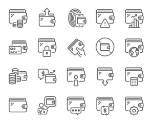 Wallet line icons. Money transfer, Credit card payment, Withdraw funds icons. Cash purse, Fingerprint access and online Wallet. Money commerce, Deposit transfer and Calculate cash budget. Vector