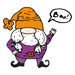 a dwarf with the word boo for Halloween in a flat style. a hand-drawn doodle-style dwarf in purple clothes and an orange hat with a white short beard, says boo for a Halloween holiday design template